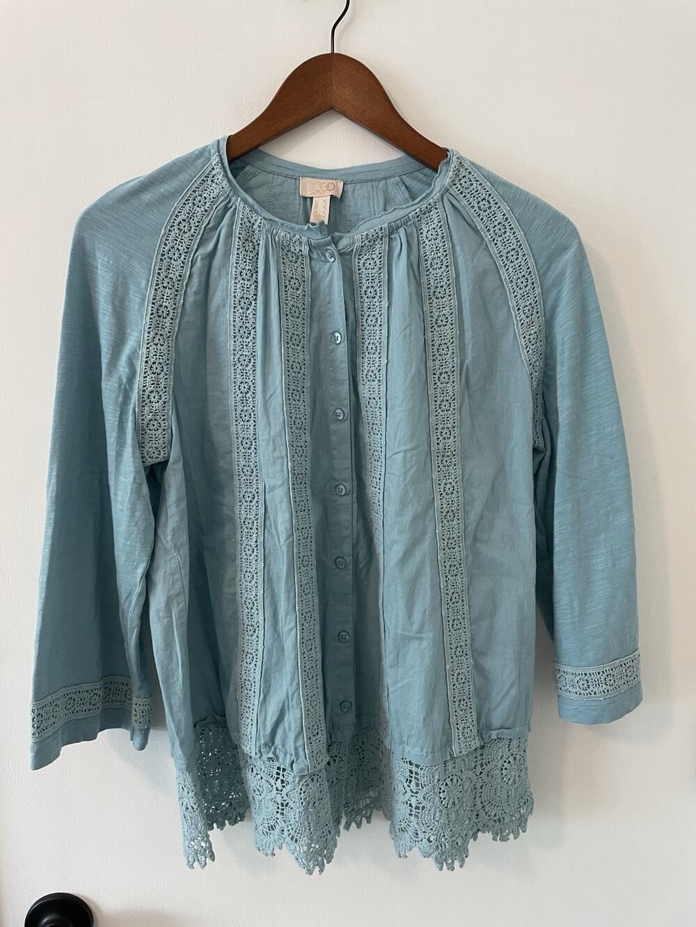 LOGO Lavish by Lori Goldstein Woven Button Front Top Lace Trim XS Dusty Blue 031